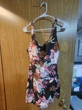Black Floral One-Piece Swimsuit with Pink & Coral Accents